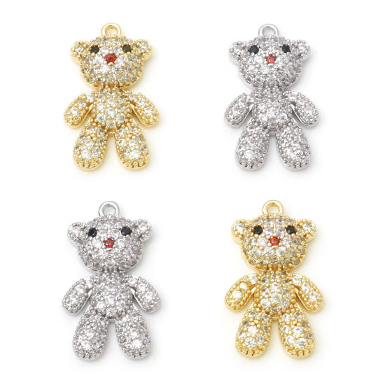 Immagine di Ottone Micro Intarsio Charms Orso Vero Oro Placcato Trasparente Cubic Zirconiae 26mm x 15mm, 1 Pz