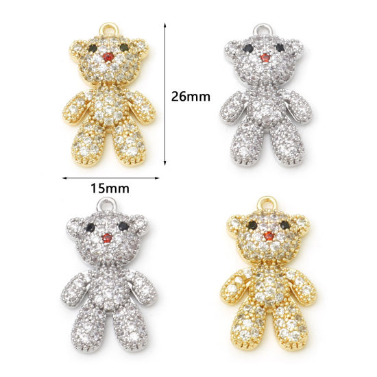 Immagine di Ottone Micro Intarsio Charms Orso Vero Oro Placcato Trasparente Cubic Zirconiae 26mm x 15mm, 1 Pz