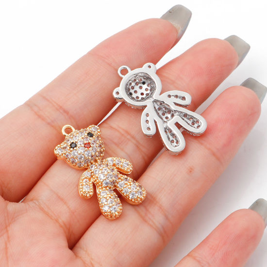 Immagine di Ottone Micro Intarsio Charms Orso Vero Oro Placcato Trasparente Cubic Zirconiae 26mm x 15mm, 1 Pz