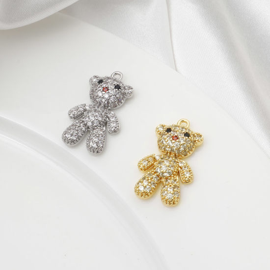 Immagine di Ottone Micro Intarsio Charms Orso Vero Oro Placcato Trasparente Cubic Zirconiae 26mm x 15mm, 1 Pz