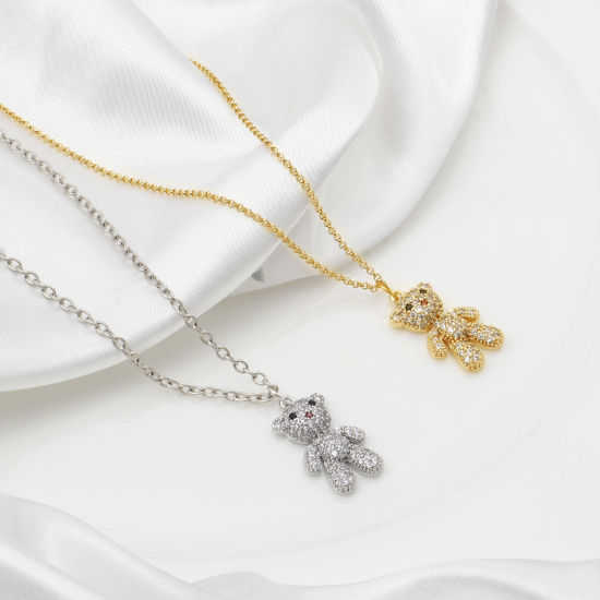 Immagine di Ottone Micro Intarsio Charms Orso Vero Oro Placcato Trasparente Cubic Zirconiae 26mm x 15mm, 1 Pz