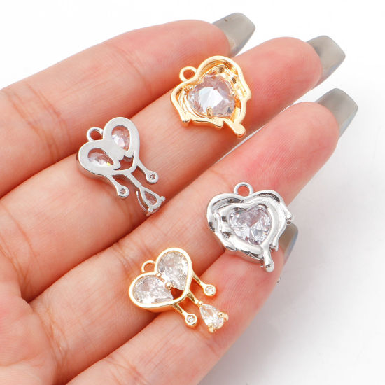Изображение Латунь День святого Валентина Подвески Сердце настоящее золото с покрытием Прозрачный Искусственный Циркон 1 ШТ