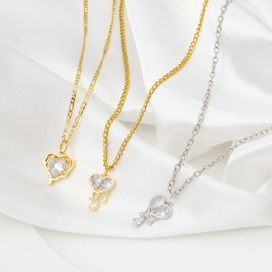 Изображение Латунь День святого Валентина Подвески Сердце настоящее золото с покрытием Прозрачный Искусственный Циркон 1 ШТ