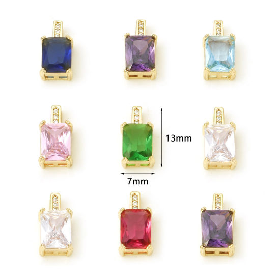 Изображение Латунь Серия геометрии Подвески Прямоугольник настоящее золото с покрытием Разноцветный Искусственный Циркон 13мм x 7мм, 1 ШТ