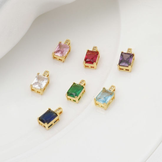 Изображение Латунь Серия геометрии Подвески Прямоугольник настоящее золото с покрытием Разноцветный Искусственный Циркон 13мм x 7мм, 1 ШТ