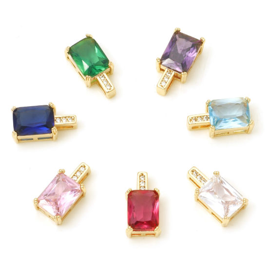 Изображение Латунь Серия геометрии Подвески Прямоугольник настоящее золото с покрытием Разноцветный Искусственный Циркон 13мм x 7мм, 1 ШТ