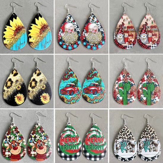 Bild von PU Kunstleder Retro Ohrring Silberfarbe Bunt Tropfen Weihnachten 1 Paar