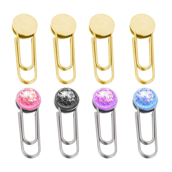 Picture of 304 Stainless Steel Pin Brooches Paper Clip Multicolor Round Cabochon Settings (Fits 10mm Dia.) 30mm x 10mm