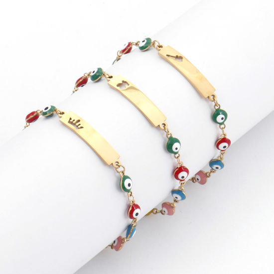 Picture of 304 Stainless Steel Religious Bracelets Gold Plated Rectangle Evil Eye Enamel 17cm(6 6/8") long