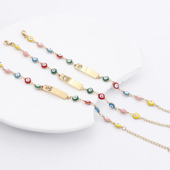 Picture of 304 Stainless Steel Religious Bracelets Gold Plated Rectangle Evil Eye Enamel 17cm(6 6/8") long