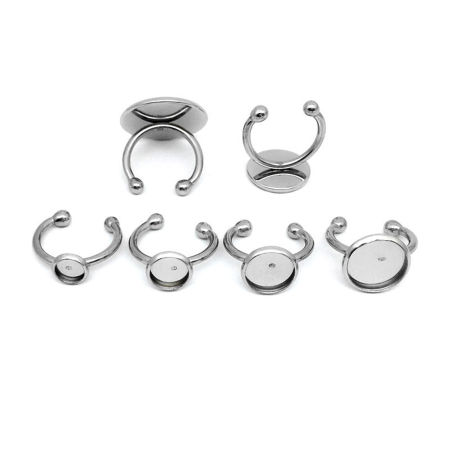 304 Stainless Steel Open Rings Silver Tone Round Cabochon Settings 16mm(US size 5.25)