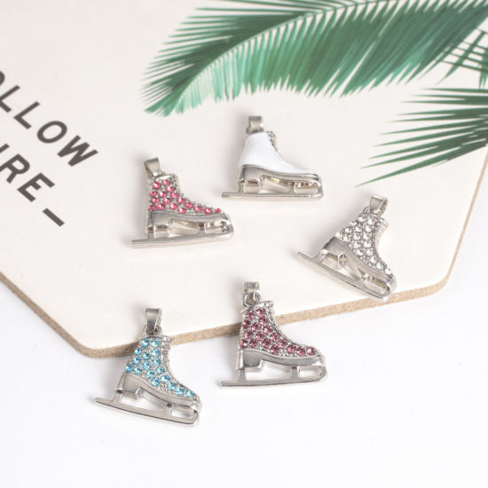 Imagen de 2 Unidades Zamak Deporte Colgantes Charms Tono de Plata Multicolor Patines de Hielo Multicolor Rhinestone) 23mm x 22mm