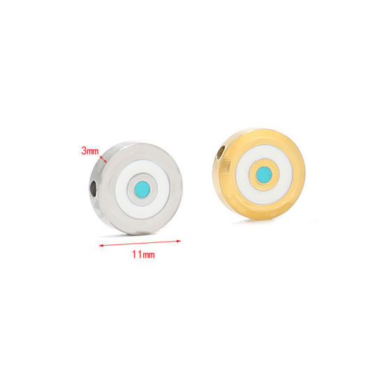Picture of 304 Stainless Steel Beads Flat Round White & Blue Evil Eye Enamel 11mm Dia.