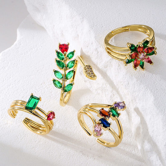 Picture of Brass Stylish Open Adjustable Rings Geometric Gold Plated Multicolor Rhinestone                                                                                                                                                                               
