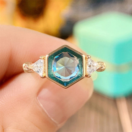 Picture of Brass Wedding Unadjustable Rings Hexagon Gold Plated Clear Rhinestone Aqua Blue Cubic Zirconia                                                                                                                                                                