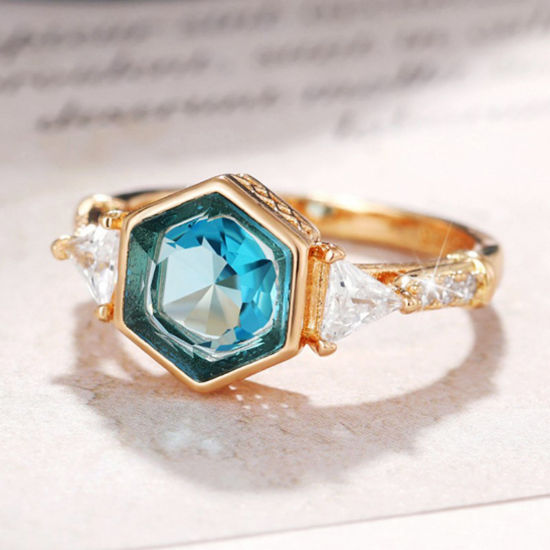 Picture of Brass Wedding Unadjustable Rings Hexagon Gold Plated Clear Rhinestone Aqua Blue Cubic Zirconia                                                                                                                                                                