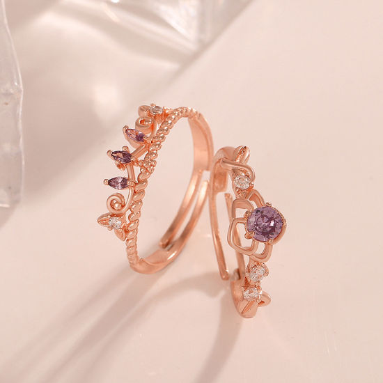 Picture of Brass Stylish Open Adjustable Rings Crown Rose Gold Multicolour Cubic Zirconia                                                                                                                                                                                