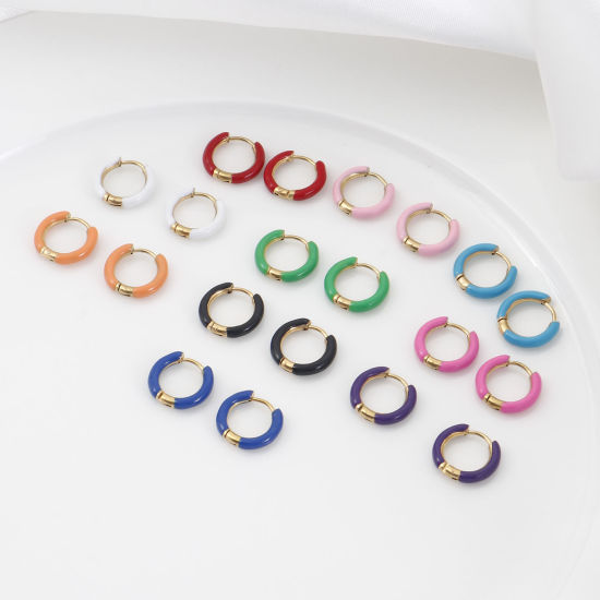 Bild von 316 Edelstahl Stilvoll Ohrreifen Vergoldet Bunt Ring Emaille 15.5mm x 14mm, Drahtstärke: (18 gauge), 1 Paar