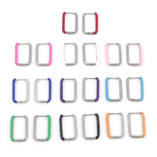 Bild von 316 Edelstahl Stilvoll Ohrreifen Silberfarbe Bunt Rechteck Emaille 20mm x 13mm, Drahtstärke: (18 gauge), 1 Paar