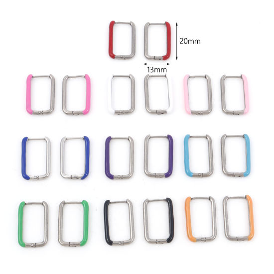 Bild von 316 Edelstahl Stilvoll Ohrreifen Silberfarbe Bunt Rechteck Emaille 20mm x 13mm, Drahtstärke: (18 gauge), 1 Paar