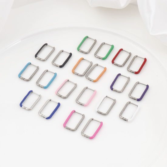 Bild von 316 Edelstahl Stilvoll Ohrreifen Silberfarbe Bunt Rechteck Emaille 20mm x 13mm, Drahtstärke: (18 gauge), 1 Paar