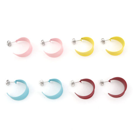 Immagine di 316 Acciaio inossidabile Elegante orecchino cerchio Tono Argento Multicolore forma di C Pittura 25mm x 21mm, Posta / Filo Dimensione: (20 misura), 1 Paio
