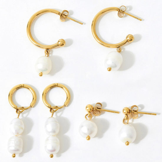 Imagen de Respetuoso del Medio Ambiente Elegante Barroco 14K Oro Real Chapado Acero Inoxidable 304 & Perla Natural. Pendientes Para Mujeres Aniversario 1 Par