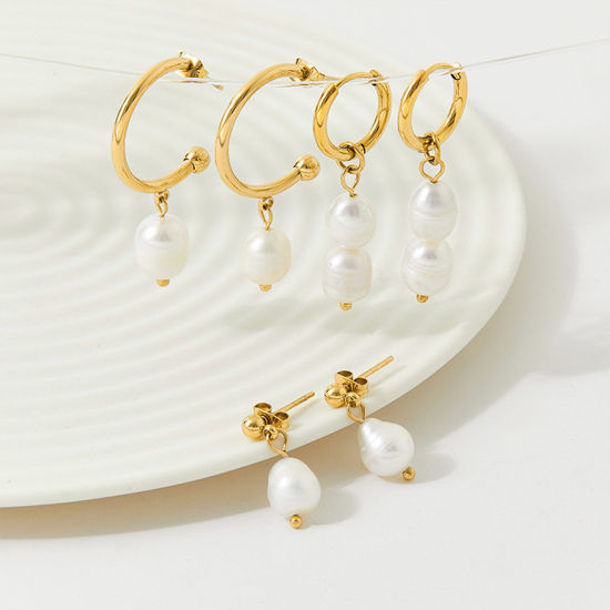Imagen de Respetuoso del Medio Ambiente Elegante Barroco 14K Oro Real Chapado Acero Inoxidable 304 & Perla Natural. Pendientes Para Mujeres Aniversario 1 Par