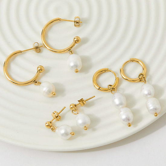 Imagen de Respetuoso del Medio Ambiente Elegante Barroco 14K Oro Real Chapado Acero Inoxidable 304 & Perla Natural. Pendientes Para Mujeres Aniversario 1 Par