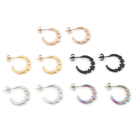 Immagine di 316 Acciaio inossidabile orecchino cerchio forma di C Stella 23mm x 19mm, Posta / Filo Dimensione: (20 misura), 1 Paio