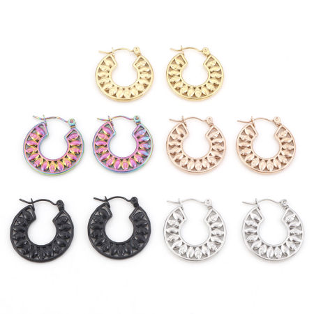 316 Stainless Steel Hoop Earrings Circle Ring Flower Leaves 23mm x 22mm