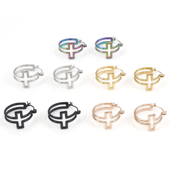 Immagine di 316 Acciaio inossidabile orecchino cerchio Anello Croce Filigrana 23mm x 20mm, Posta / Filo Dimensione: (21 misura), 1 Paio
