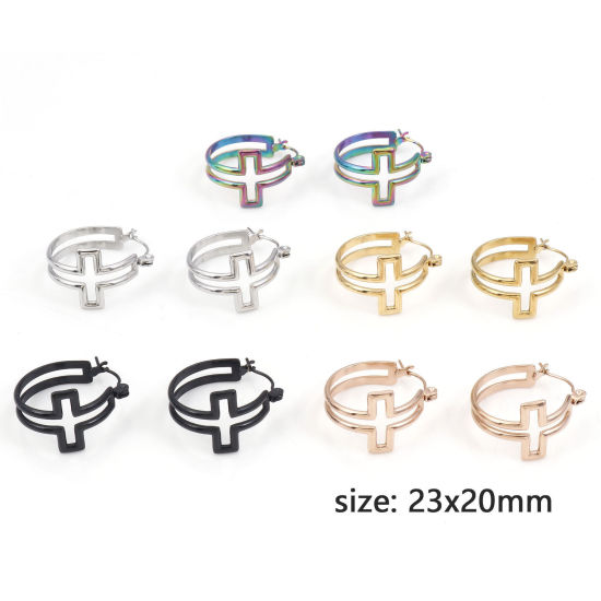 Immagine di 316 Acciaio inossidabile orecchino cerchio Anello Croce Filigrana 23mm x 20mm, Posta / Filo Dimensione: (21 misura), 1 Paio