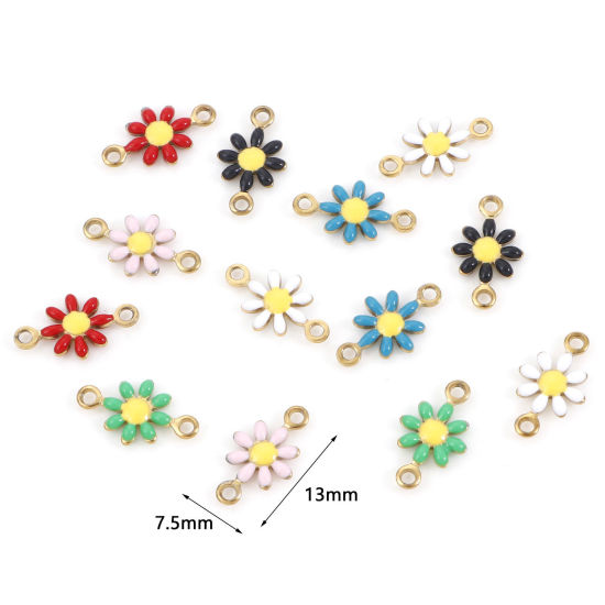 Image de 10 Pcs Connecteurs Pendentifs Breloques en 304 Acier Inoxydable Placage sous Vide Doré Marguerite Émail 13mm x 7.5mm