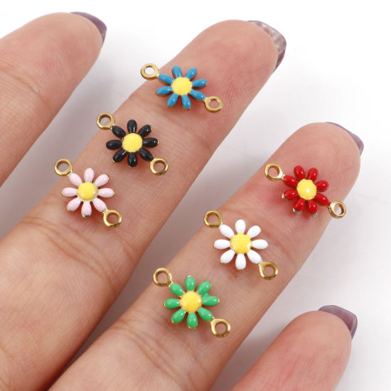 Picture of 10 PCs Vacuum Plating 304 Stainless Steel Connectors Charms Pendants Gold Plated Daisy Flower Enamel 13mm x 7.5mm