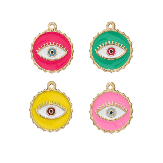 Изображение 304 Нержавеющая Сталь Подвески Круглые Позолоченный Разноцветный Злой Глаз С Эмалью 24мм x 22мм, 1 ШТ