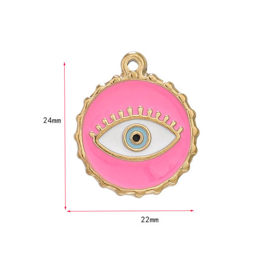 Изображение 304 Нержавеющая Сталь Подвески Круглые Позолоченный Разноцветный Злой Глаз С Эмалью 24мм x 22мм, 1 ШТ
