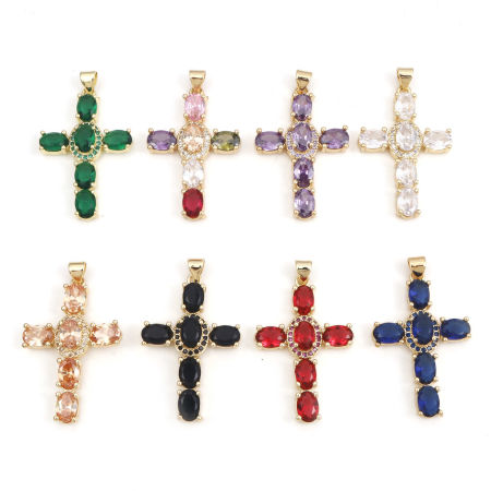 1 Piece Brass & Cubic Zirconia Religious Pendants 18K Real Gold Plated Multicolor Cross 4cm x 2.3cm