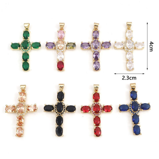 Image de 1 Pièce Pendentifs Religieux en Laiton & Zirconia Cubique Croix Plaqué Or Véritable 18K Multicolore 4cm x 2.3cm