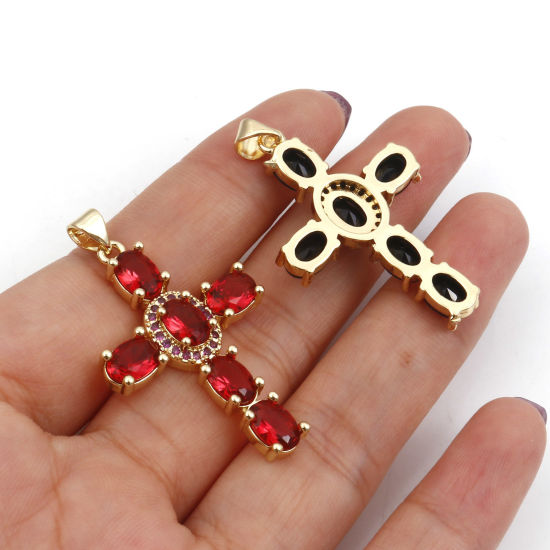 Image de 1 Pièce Pendentifs Religieux en Laiton & Zirconia Cubique Croix Plaqué Or Véritable 18K Multicolore 4cm x 2.3cm