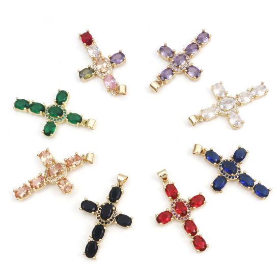 Image de 1 Pièce Pendentifs Religieux en Laiton & Zirconia Cubique Croix Plaqué Or Véritable 18K Multicolore 4cm x 2.3cm