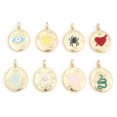 1 Stück Messing Charms 18K Echtgold plattiert Bunt Oval Emaille Klar Zirkonia 25mm x 17mm
