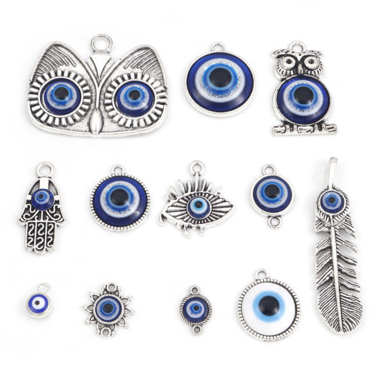 Picture of Zinc Based Alloy Religious Charms Antique Silver Color Blue Evil Eye With Resin Cabochons