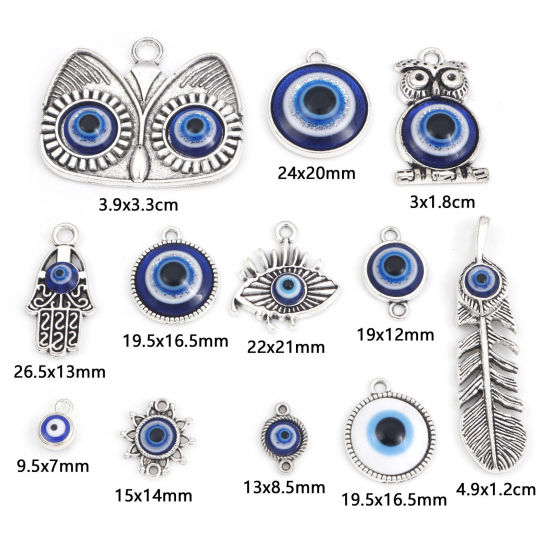 Picture of Zinc Based Alloy Religious Charms Antique Silver Color Blue Evil Eye With Resin Cabochons