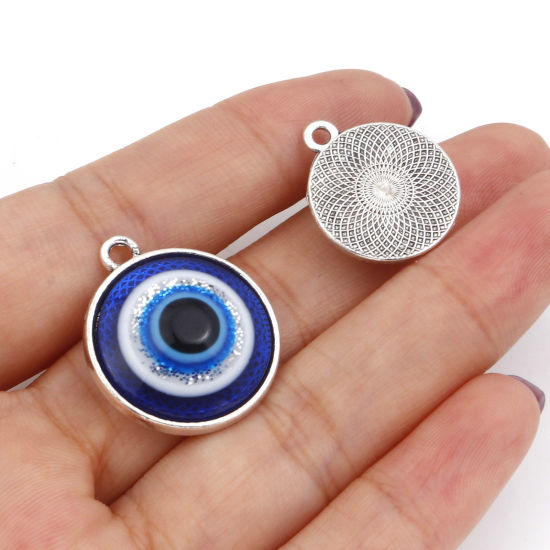 Picture of Zinc Based Alloy Religious Charms Antique Silver Color Blue Evil Eye With Resin Cabochons