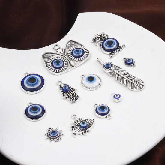 Picture of Zinc Based Alloy Religious Charms Antique Silver Color Blue Evil Eye With Resin Cabochons