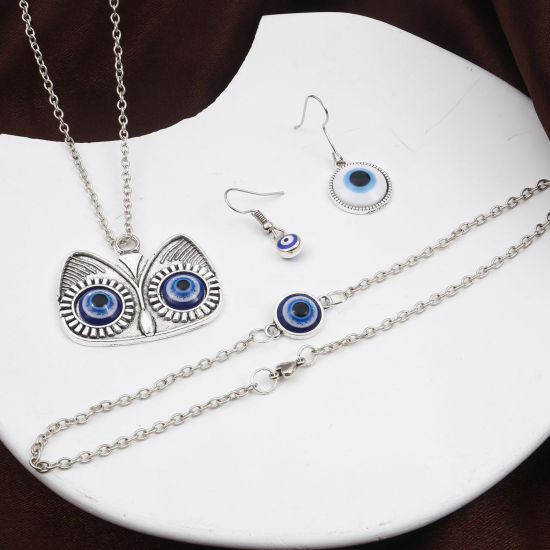 Picture of Zinc Based Alloy Religious Charms Antique Silver Color Blue Evil Eye With Resin Cabochons