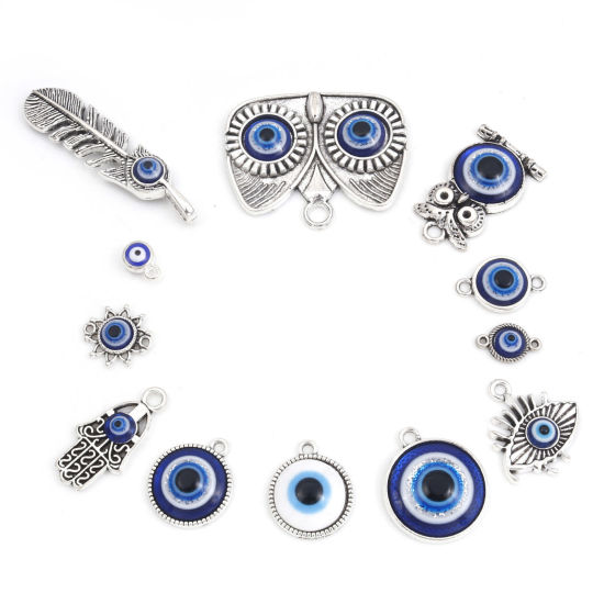 Picture of Zinc Based Alloy Religious Charms Antique Silver Color Blue Evil Eye With Resin Cabochons