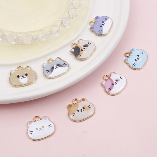 Immagine di Lega di Zinco Charms Gatto Oro Placcato Multicolore Smalto 20mm x 18mm , 10 Pz