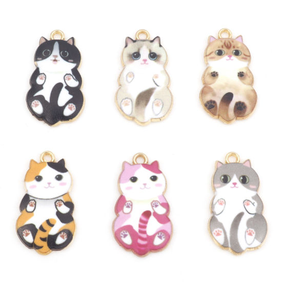 Bild von Zinklegierung Charms Katze Vergoldet Bunt Emaille 25mm x 14mm, 10 Stück